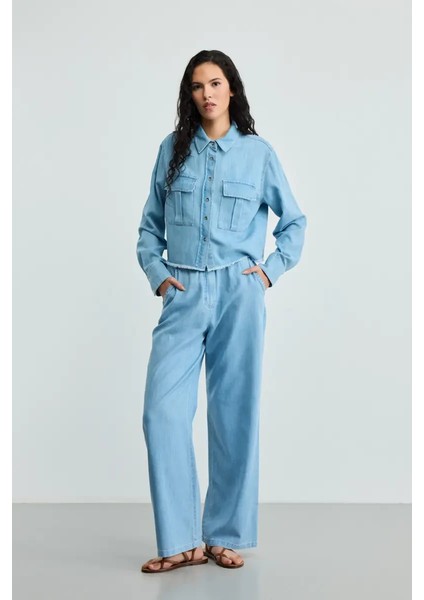 Cepli Tencel Denim Gömlek - Mavi