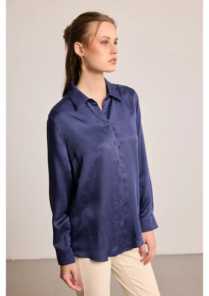 G Desenli Monogram Tencel Gömlek - Lacivert