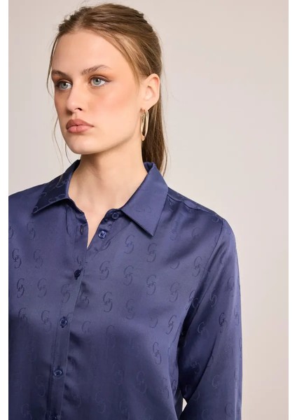 G Desenli Monogram Tencel Gömlek - Lacivert