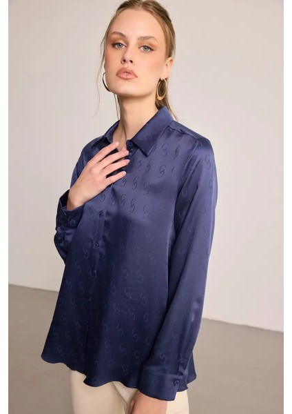 G Desenli Monogram Tencel Gömlek - Lacivert