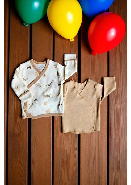 Luvvera Erkek 0-3 Ay Pamuklu Fil Zürafa Detaylı Iç-Dış Ikili Zıbın Takım Beyaz-Kahve