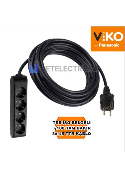 Multi-Let | Dörtlü 22 Metre Topraklı Çocuk Korumalı Grup Priz - 4'lü, 22 M, Siyah 3x1.5 Ttr (Tam Bakır) Kablolu