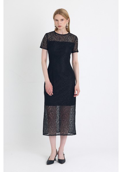 Siyah Dantel Detaylı Kısa Kollu Midi Elbise 251669 fiyatları