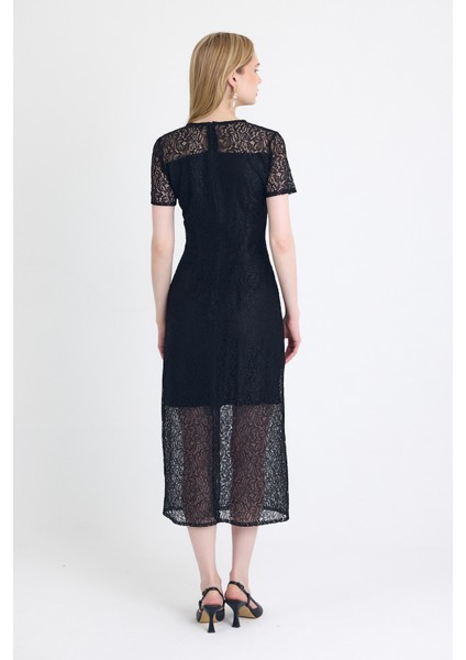 Siyah Dantel Detaylı Kısa Kollu Midi Elbise 251669 indirimleri