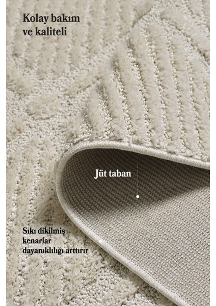 Modern Trend Tasarım Yumuşak Dokulu Özel Ebat Kesim Overloklu Jüt Taban Makine Halısı Krem