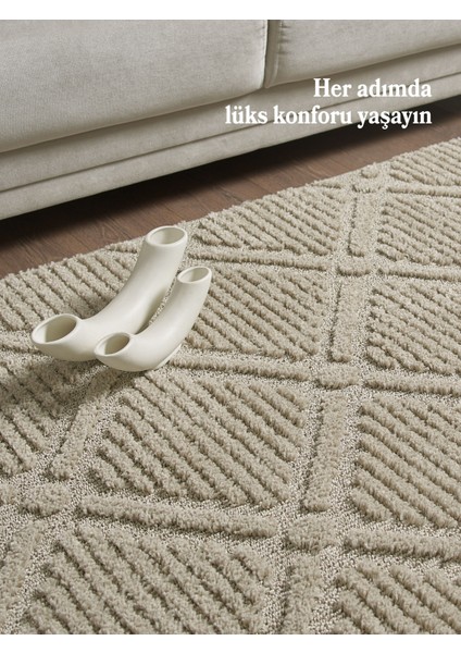 Modern Trend Tasarım Yumuşak Dokulu Özel Ebat Kesim Overloklu Jüt Taban Makine Halısı Bej modelleri