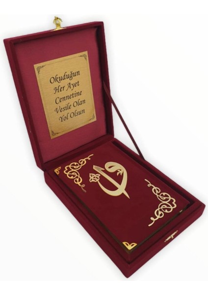 Plaketli Kadife Kutulu Orta Boy Bordo Dini Hediye Kuranı Kerim Seti