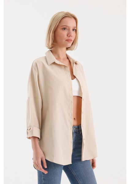 Oversize Uzun Basic Gömlek - Krem