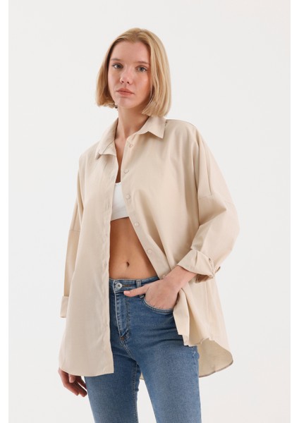 Oversize Uzun Basic Gömlek - Krem fiyatları