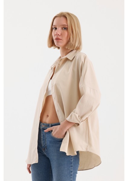 Oversize Uzun Basic Gömlek - Krem modelleri