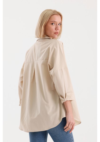 Oversize Uzun Basic Gömlek - Krem fırsatları