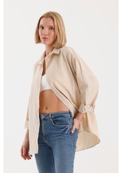 Oversize Uzun Basic Gömlek - Krem indirimleri