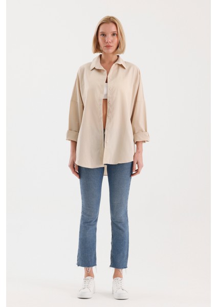 Oversize Uzun Basic Gömlek - Krem