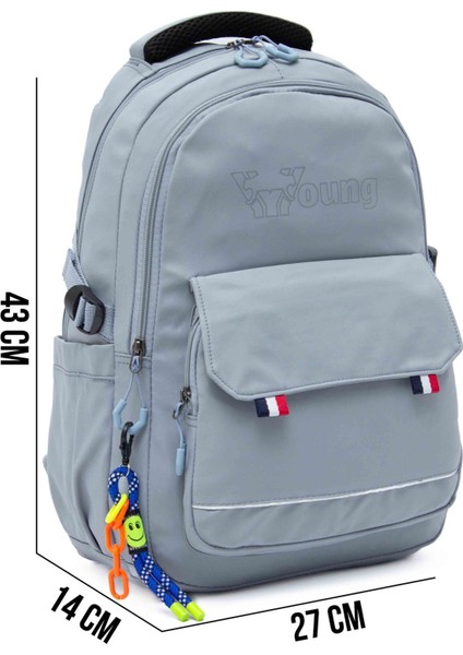 Young 51585 Grey Gri Unisex Çok Cepli Anahtarlık Aksesuarlı Suya Dayanıklı Sırt Çantası