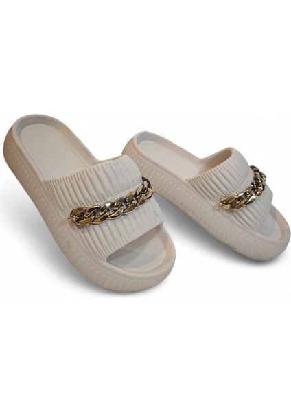 3011 Bej Zincirli Önü Açık Havuz Plaj Günlük Bayan Terlik modelleri