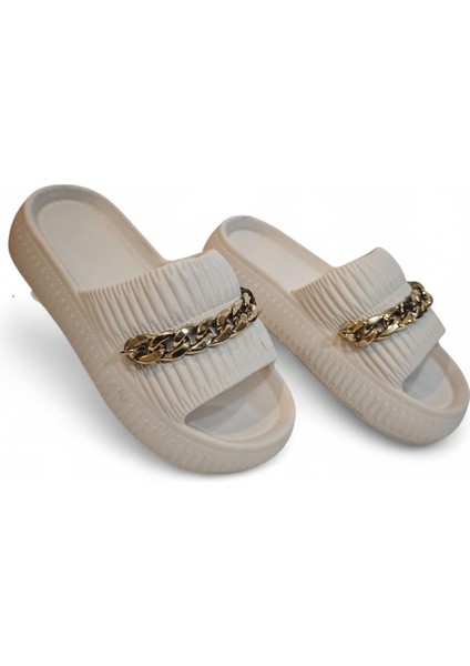 3011 Bej Zincirli Önü Açık Havuz Plaj Günlük Bayan Terlik fırsatları