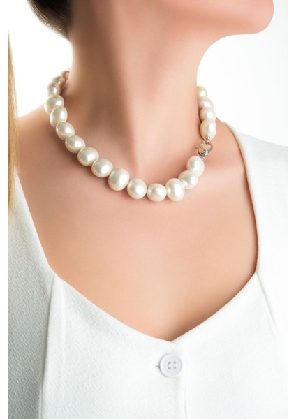 Catherine 18 Ayar Beyaz Altın Kaplama 46 cm Gümüş Inci Kolye