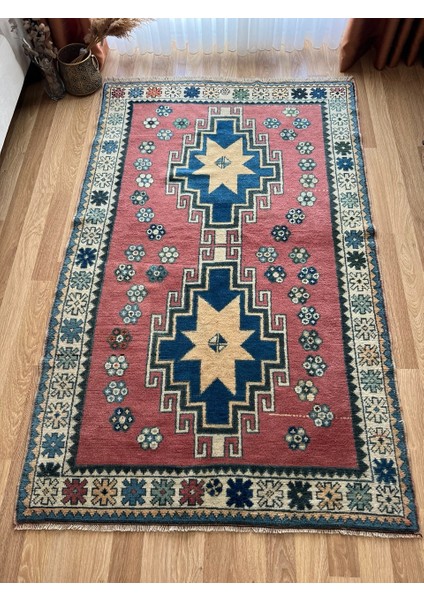 134X216 cm Büyük Boy Çiçek Desenli Vintage Halı, El Dokuma Büyük Alan Halısı, Pembe & Mavi Anadolu Halısı, Oriental Alan Halısı