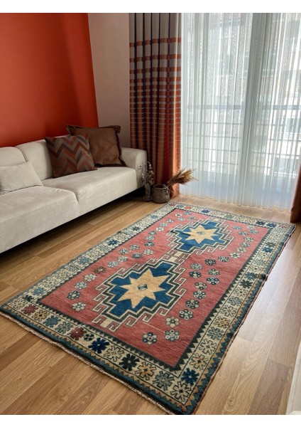 134X216 cm Büyük Boy Çiçek Desenli Vintage Halı, El Dokuma Büyük Alan Halısı, Pembe & Mavi Anadolu Halısı, Oriental Alan Halısı