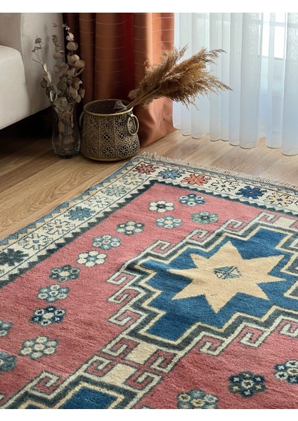134X216 cm Büyük Boy Çiçek Desenli Vintage Halı, El Dokuma Büyük Alan Halısı, Pembe & Mavi Anadolu Halısı, Oriental Alan Halısı