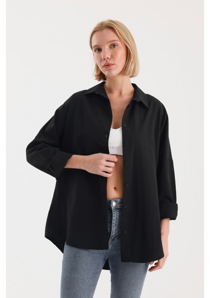 Oversize Uzun Basic Gömlek - Siyah