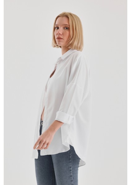 Oversize Uzun Basic Gömlek - Beyaz modelleri