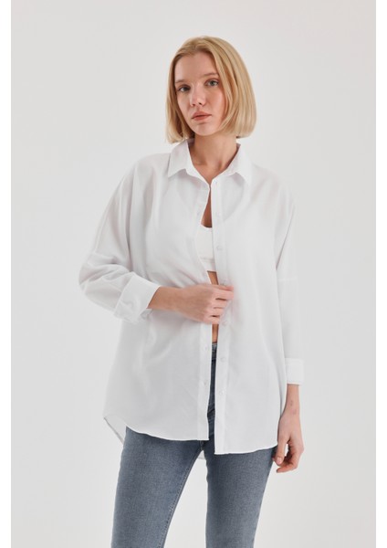 Oversize Uzun Basic Gömlek - Beyaz fırsatları