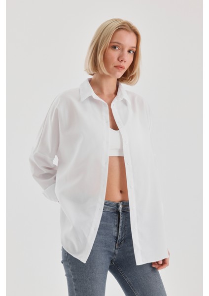 Oversize Uzun Basic Gömlek - Beyaz