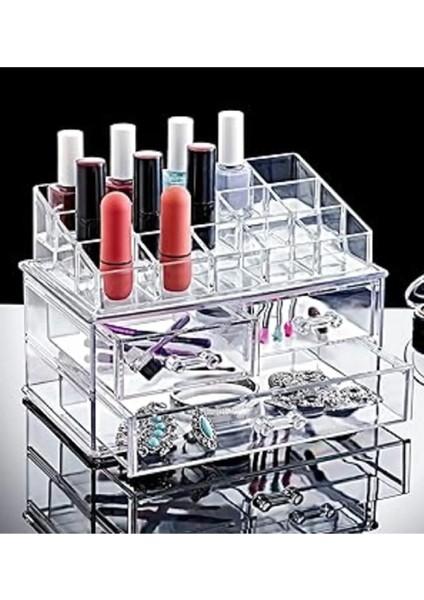 Beyaz 3 Çekmeceli, 15 Bölmeli, 18 Gözlü Oje ve Ruj Organizeri