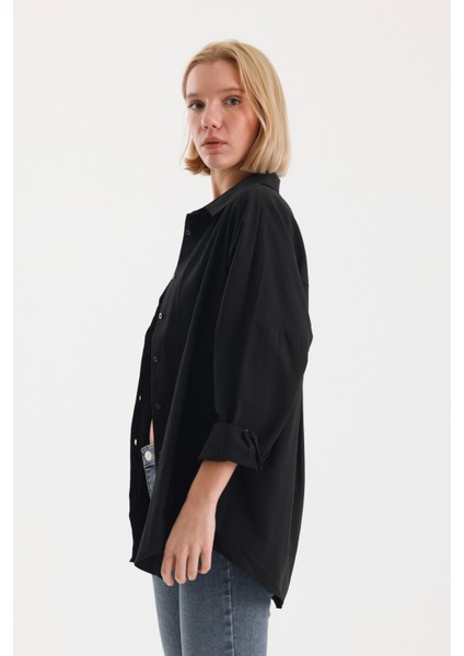 Oversize Uzun Basic Gömlek - Siyah