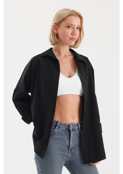 Oversize Uzun Basic Gömlek - Siyah