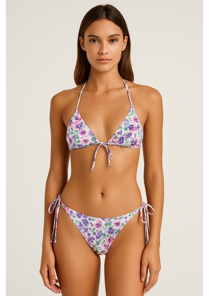 Renkli Çiçek Desenli Üçgen Bikini Takımı – Yazlık Plaj Modası
