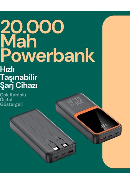 Taşınabilir Şarj Cihazı 20000 Mah | 22.5W Hızlı Şarj + Dijital Ekran + Kablo Dahil