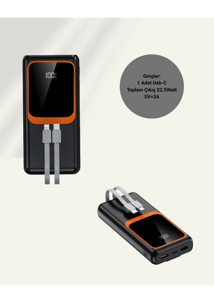 20.000 Mah Powerbank – 22.5W Hızlı Şarj, Çok Kablolu, Dijital Göstergeli
