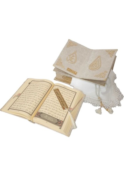 Kişiye Özel Rahleli Hediye Orta Boy Kuranı Kerim Tespih-Örtü(Krem) modelleri