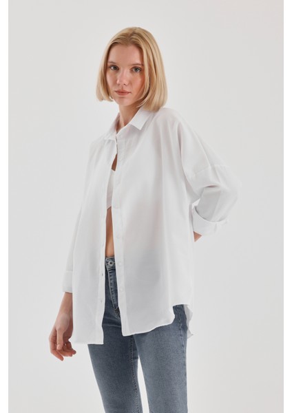 Oversize Uzun Basic Gömlek - Beyaz
