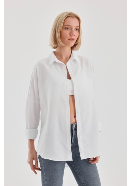Oversize Uzun Basic Gömlek - Beyaz