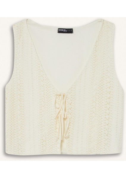 Coool Loose Fit V Yaka Triko Görünümlü Önden Bağlamalı Kolsuz Bluz F6260AX25SM