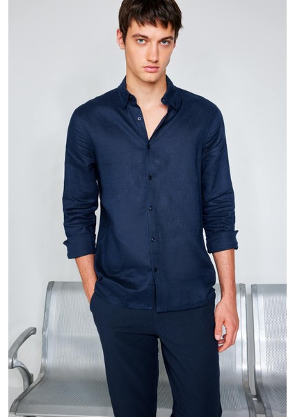 %100 Keten Regular Fit Polo Yaka Yazlık Basic Düz Uzun Kollu Gömlek C1825AX25SM