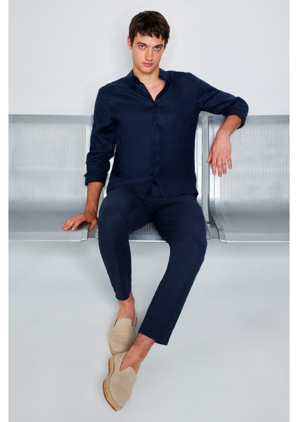 %100 Keten Regular Fit Polo Yaka Yazlık Basic Düz Uzun Kollu Gömlek C1825AX25SM fiyatları