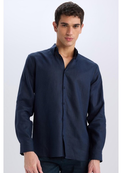 %100 Keten Regular Fit Polo Yaka Yazlık Basic Düz Uzun Kollu Gömlek C1825AX25SM modelleri