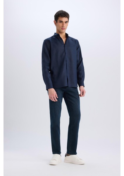 %100 Keten Regular Fit Polo Yaka Yazlık Basic Düz Uzun Kollu Gömlek C1825AX25SM fırsatları