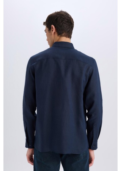 %100 Keten Regular Fit Polo Yaka Yazlık Basic Düz Uzun Kollu Gömlek C1825AX25SM