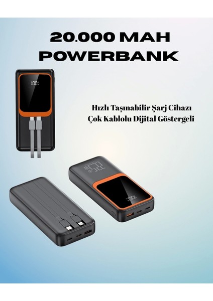 20000 Mah Powerbank | Çok Kablolu, Dijital Göstergeli, Yüksek Hızlı Şarj Cihazı