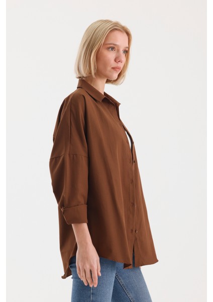 Oversize Uzun Basic Gömlek - Kahverengi modelleri