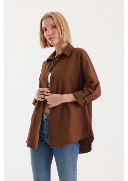 Oversize Uzun Basic Gömlek - Kahverengi fırsatları