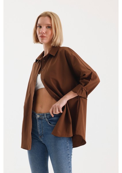 Oversize Uzun Basic Gömlek - Kahverengi