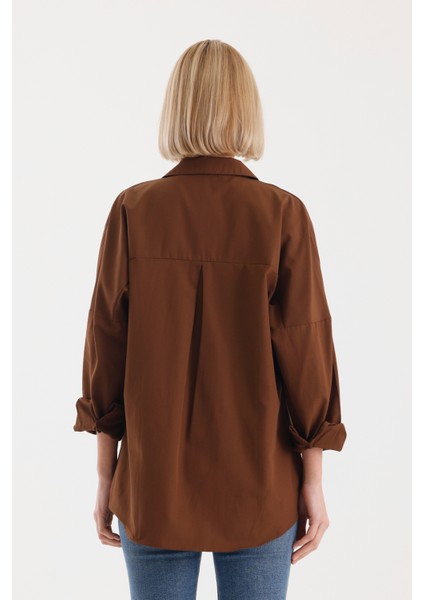 Oversize Uzun Basic Gömlek - Kahverengi