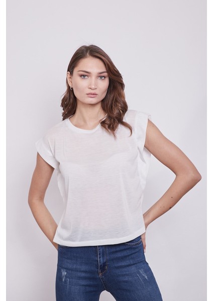 Lycrasız Pamuklu Geniş Sıfır Yaka Düşük Omuz T-Shirt-Krem