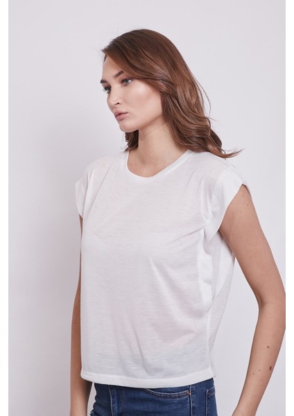 Lycrasız Pamuklu Geniş Sıfır Yaka Düşük Omuz T-Shirt-Krem fiyatları